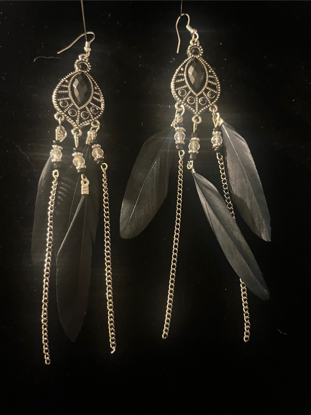 Boho Silver-Tone Black Feather Dangle Earrings
